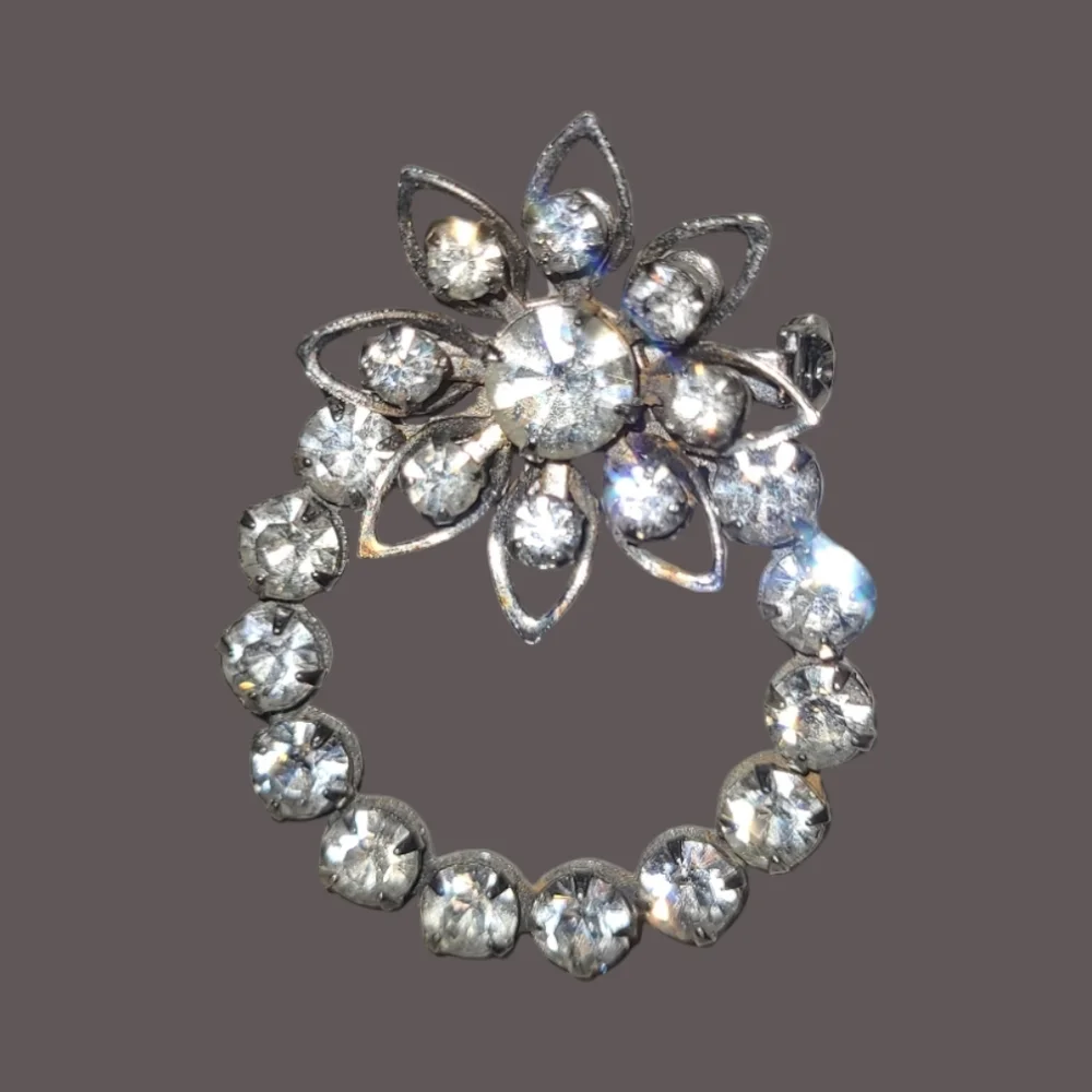 Elegant Silver Floral Crystal Brooch